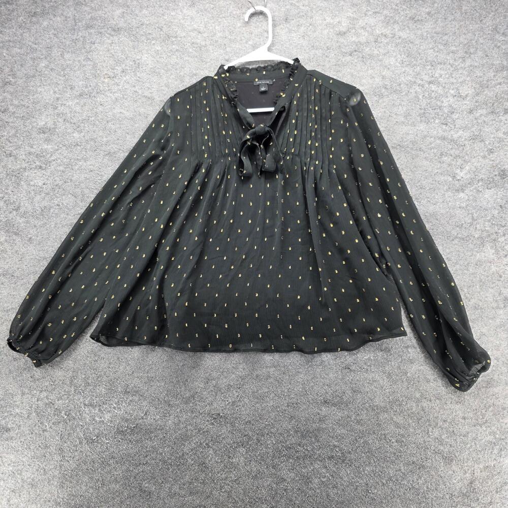 Ann Taylor Blouse Womens Small Black Gold Dot Long Sleeve Bow Neck Sheer Top
